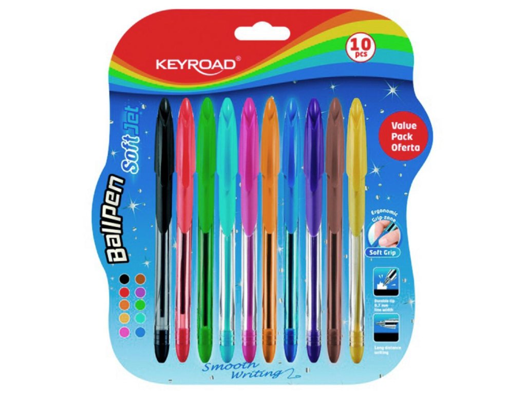 Guľôčkové pero KEYROAD Soft Jet 0,7 mm, blister 10 ks, mix farieb