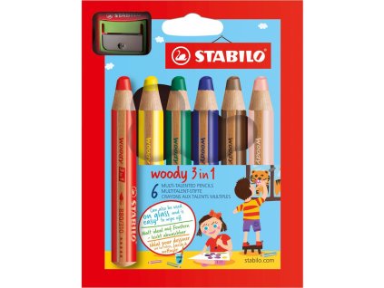 Farbičky STABILO woody 3 in 1 6 ks sada v kartónovom obale so strúhadlom