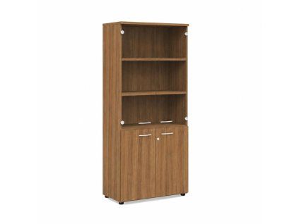 Policová skriňa BASIC, kombinovaná so sklom, so zámkom, 80x40x182,1cm, orech Dijon