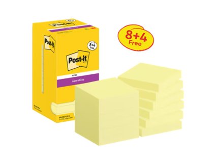 Silný samolepiaci bloček Post-it,76mm x 76mm, 90 lístkov v bločku, kanárikovo žltý,12 bločkov v balení