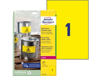 Etikety polyesterové veľmi odolné 210x297mm Avery A4 žlté 20 hárkov