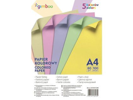 Farebný papier GIMBOO A4, 100 listov, 80 g, 5 pastelových farieb
