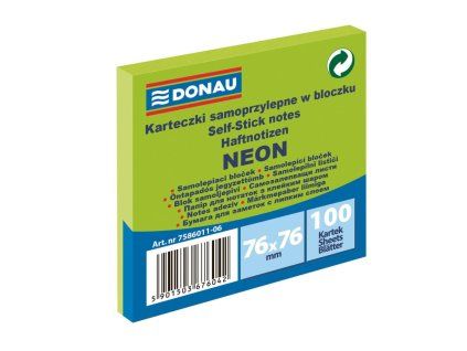 Bloček DONAU 76 x 76 mm, neónová zelená, 100 lístkov