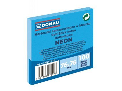 Bloček Donau neónový, 76 x 76 mm, modrý, 100 lístkov