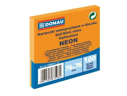 Bloček Donau, 76 x 76 mm, neónová oranžová, 100 lístkov