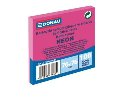 Bloček Donau neónový, 76 x 76 mm, ružový, 100 lístkov
