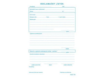 Reklamačný list, samoprepis, A5, 100 listov